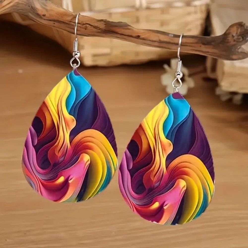 Earrings Rainbow Swirl Tear Drop Dangle Wonderland Trippy Smoke abstract Unique